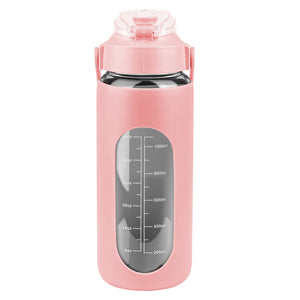 34Oz Glass Water Bottle Sports Water Bottle Motivational Water Bottle Water Intake Tracker Bottle with Straw Time Marker Silicone Sleeve Handle for Gy