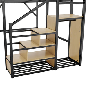 Queen Size Loft Bed & Stairs, Storage Shelves, Wardrobe - Black / Wood