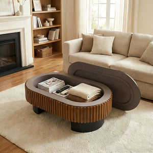 Elliptical Living Room Coffee Table With Hidden Storage And Removable Tabletop