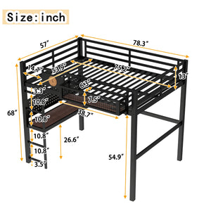 Full Size Loft Bed Frame with Desk and Charging Port