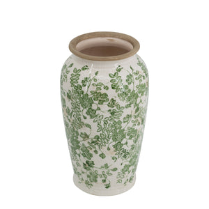 6.5x6.5x11.6 White Ceramic Flower Vase with Green Floral Pattern