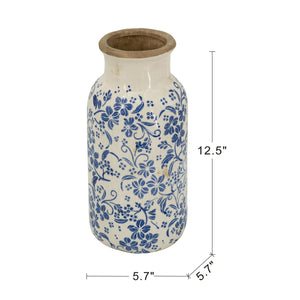 D5.7x12.5' Blue and White Ceramic Accent Vase with Traditional Floral Motifs
