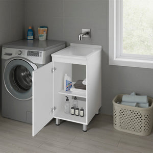 Slee Compact Utility Sink Cabinet with Storage and Metal Legs for Laundry Room