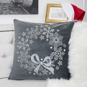 Gray Velvet Holiday Throw Pillow with Snowflake Wreath Embroidery