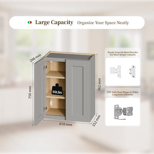 Gray Shaker Solid Wood Wall Cabinet with Soft-Close Doors