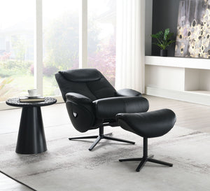 Labotina Top Grain Leather Accent Chair With Swivel & Ottoman - Black