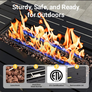 Outdoor 2 In 1 Propane Fire Pit Table With Lid & Glass Shield, Rectangular Fire Table, Lava Rock & Cover - Black