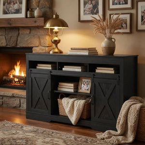 Farmhouse TV Stand With Sliding Barn Doors & Adjustable Storage