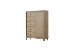 Queen Canopy Bedroom Set With A 2 Drawer Nightstand A Dresser With Poster Mirror And A Door Chest - Sand