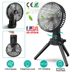 Foldable Camping Fan with Emergency Power Bank 270¡ Oscillating Rechargeable Tripod Fan for Hiking Fishing Personal Desk Fan with 4 Speeds 3 Brightnes
