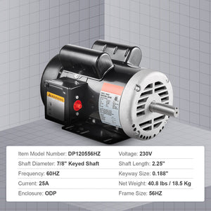 5HP Air Compressor Electric Motor 230V 25A 3450RPM CW/CCW Rotation
