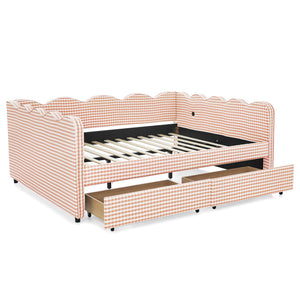Queen Size Cozy Gingham Daybed with Two Storage Drawers and USB Port
