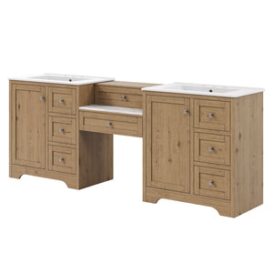 Double Sink Bathroom Vanity With Countertop, 2 Ceramic Sinks, 6 Drawers