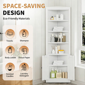 Tall Corner Storage Cabinet With 2 Doors, 5-Tier With Adjustable Shelves, Freestanding - White