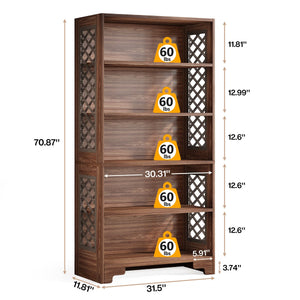 6 Tier Brown Mid Century Bookcase With X Design For Living Room - Brown
