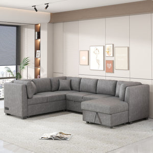 U-Shaped Sectional Sofa Pull Out Sofa Bed With Two USB Ports, Two Power Sockets, Three Back Pillows And A Storage Chaise For Living Room