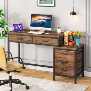 Computer Desk With Reversible 5 Drawer Storage, Frame Writing Table For Small Spaces