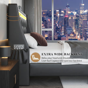 Wingback Upholstered Bed Frame With LED Lights, Charging Station