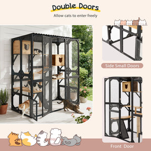 Outdoor Cat Enclosure With Sleeping Houses, Jumping Platforms, Scratching Post