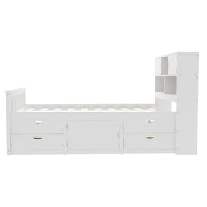 Captain Platform Bed Frame With Bookcase Headboard, 4 Drawers, Storage Shelves