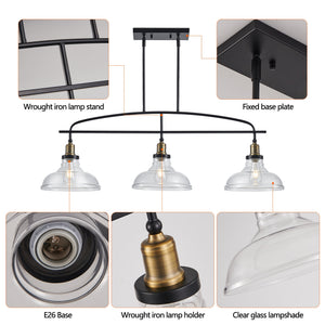 Industrial 3-Light Pendant Chandelier with Clear Glass Shades