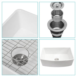 Ceramic Farmhouse Sink, Apron Front Single Bowl With Arch Edge