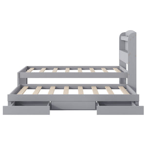 Platform Bed With LED Headboard, Charging Station, Trundle And 2 Drawers