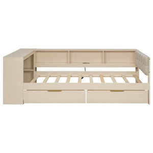 Upholstered Headboard Platform Bed With Storage Shelves, Drawers, Charging Station