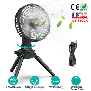 Foldable Camping Fan with Emergency Power Bank 270¡ Oscillating Rechargeable Tripod Fan for Hiking Fishing Personal Desk Fan with 4 Speeds 3 Brightnes