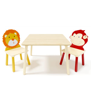 Kids Table And 2 Chairs Set, 3 Pieces Toddler Table And Chair Set, Wooden Activity Play Table Set (Lion&Monkey) - Natural