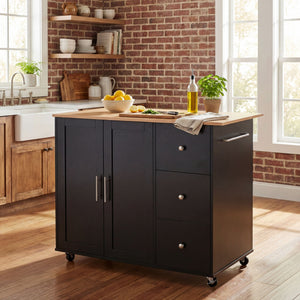 Mobile Kitchen Cart With Storage With 2 Doors, 3 Drawers & Adjustable Shelf - Black / Natural