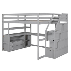 Loft Bed With Desk, Shelves, 2 Drawers, Storage Staircase