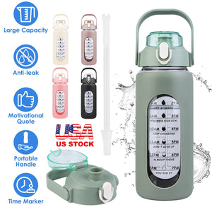 34Oz Glass Water Bottle Sports Water Bottle Motivational Water Bottle Water Intake Tracker Bottle with Straw Time Marker Silicone Sleeve Handle for Gy