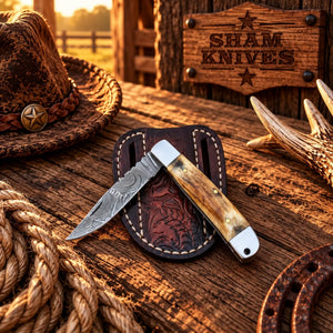 Damascus Trapper Folding Knife with Stag Horn Handle & Sheath