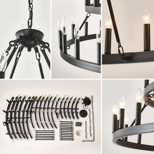 3 Tiers Wagon Wheel Chandelier with 54 Lights - Matte Black