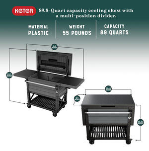 Keter Outdoor Patio Cooler Chest, 89.8 Qt Beverage Bar Cart w/ Wheels, Graphite