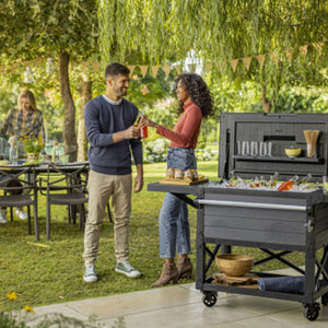 Keter Outdoor Patio Cooling Chest, 89.8 Qt Beverage Bar Cart w/ Wheels, Graphite