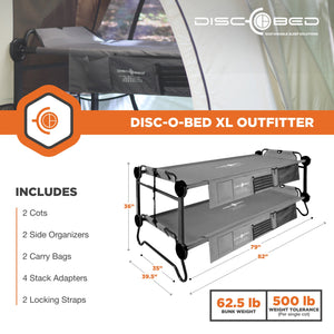 Disc-O-Bed XL Outfitter Bench Double Cot Camping Bunk with Organizers, Grey