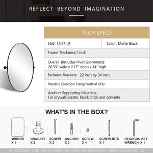 ANDY STAR Modern 22 x 34 Inch Oval Wall Hanging Bathroom Mirror, Matte Black - TRAPSKI
