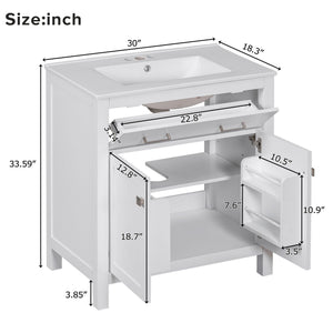 Bathroom Vanity With Ceramic Sink, Modern Single Bathroom Cabinet With 2 Doors And A Shelf, Soft Close Doors