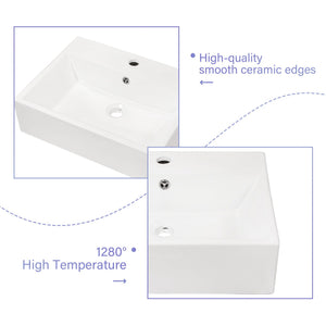 Modern Ceramic Rectangular Wall Mounted Bathroom Sink With Faucet Hole & Overflow