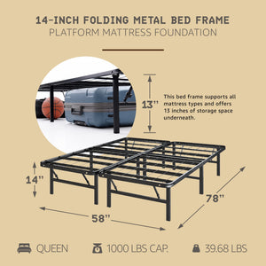 Hercules Folding Metal Bed Frame, 14 Inch Platform Mattress Foundation, Queen