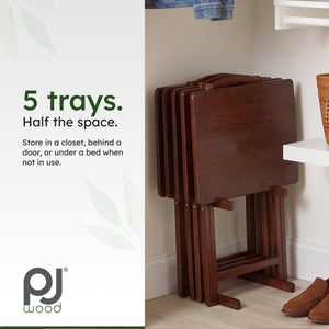PJ Wood Folding TV Tray Tables with Compact Storage Rack, Honey Oak, 5 Piece Set
