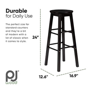 PJ Wood Classic Round-Seat 24 Inch Kitchen and Counter Stools, Black, Set of 2