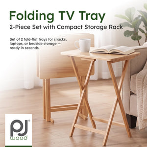 PJ Wood Folding Portable TV Snack Tray Table with Natural Finish, 2 Piece Set