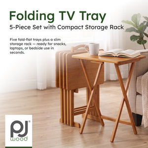 PJ Wood Folding TV Tray Tables with Compact Storage Rack 5 Piece Furniture Set