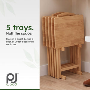 PJ Wood Folding TV Tray Tables with Compact Storage Rack 5 Piece Furniture Set