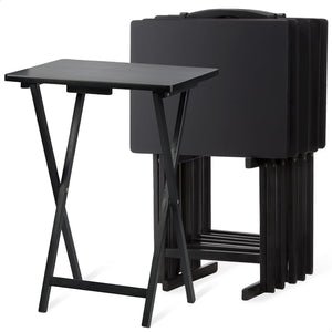 PJ Wood Folding TV Tray Tables with Compact Storage Rack, Black, 5 Piece Set