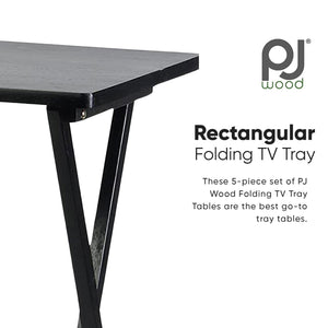 PJ Wood Folding TV Tray Tables with Compact Storage Rack, Black, 5 Piece Set