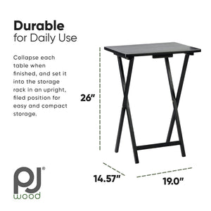 PJ Wood Folding TV Tray Tables with Compact Storage Rack, Black, 5 Piece Set